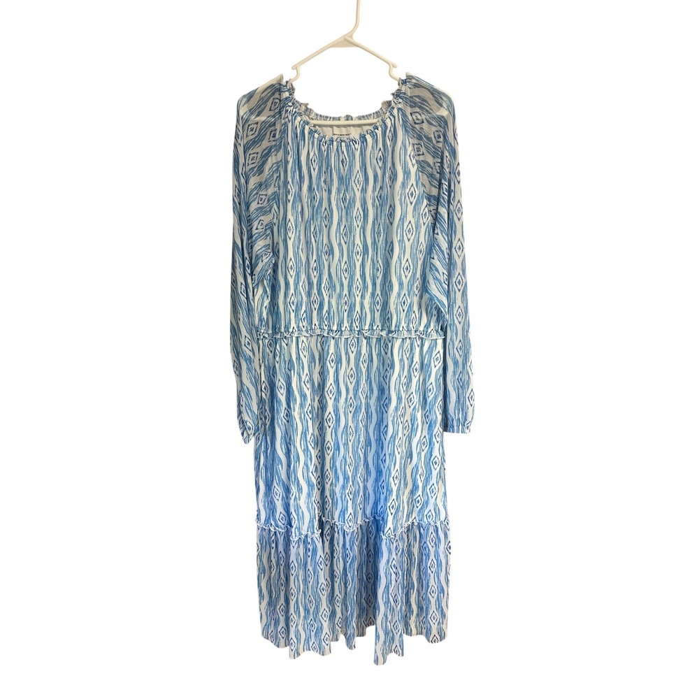 Canyon Retreat Blue White Ikat Diamond Mesh Tiered Midi Dress Womens XL